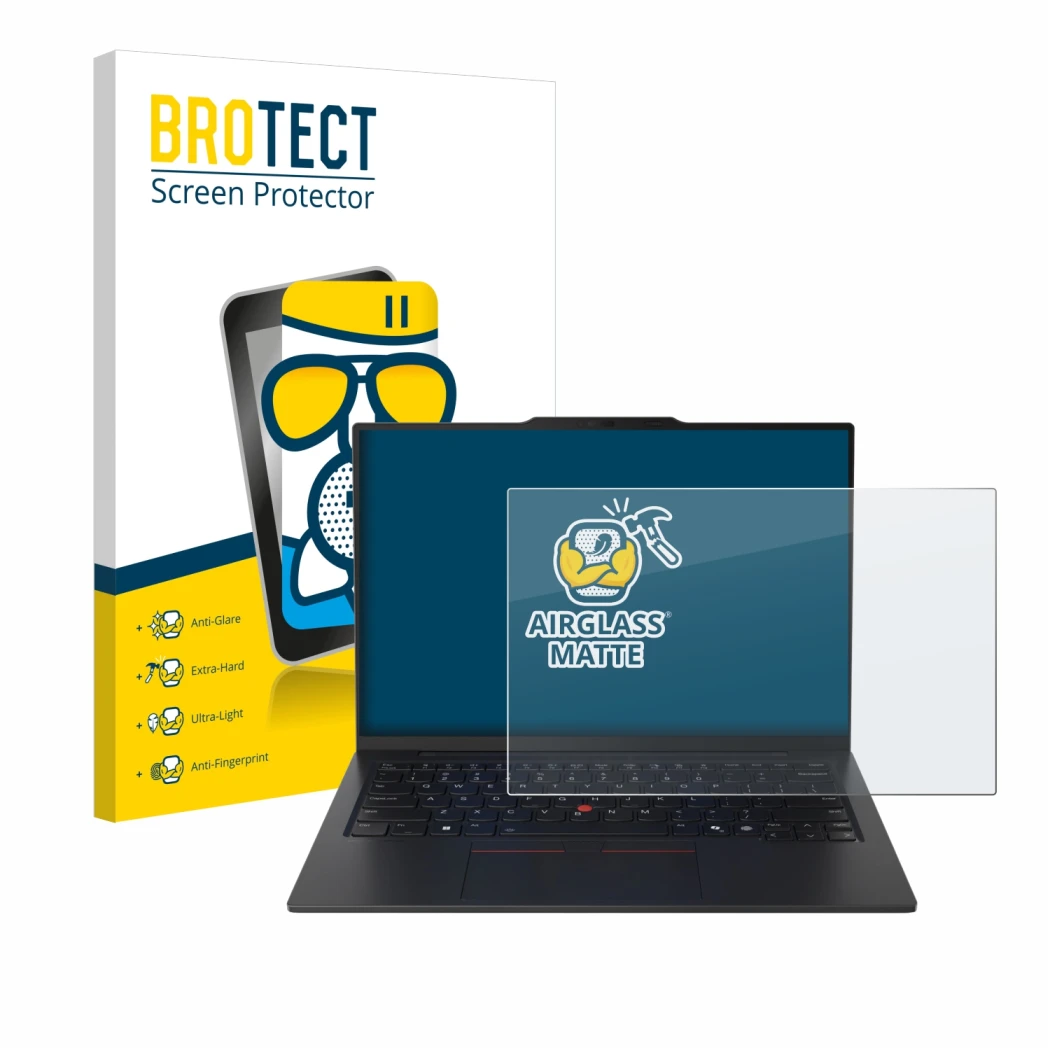 Parte frontale di una confezione del prodotto con il logo del marchio BROTECT. Accanto è raffigurato il dispositivo Lenovo Thi