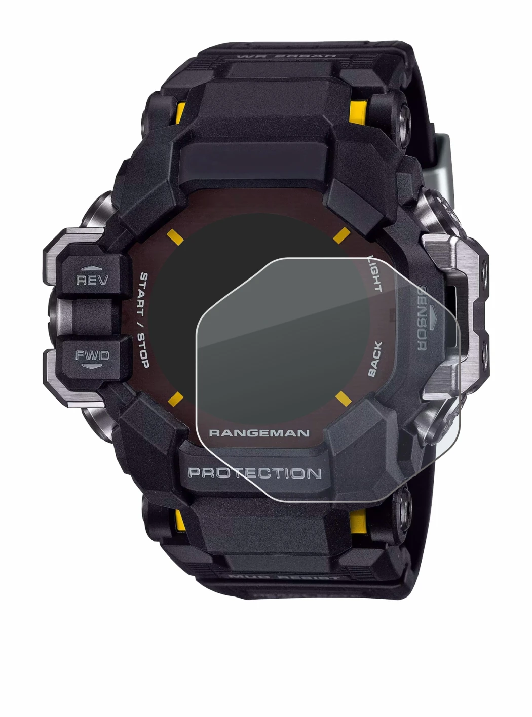 Immagine del dispositivo Casio G-Shock GPR-H 1000 con un'ampia varietà di protezioni per lo schermo.
