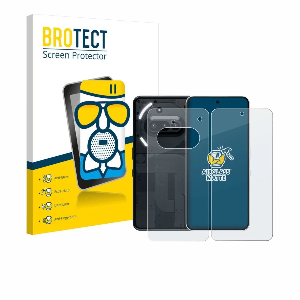 Parte frontale di una confezione del prodotto con il logo del marchio BROTECT. Accanto è raffigurato il dispositivo Nothing Ph