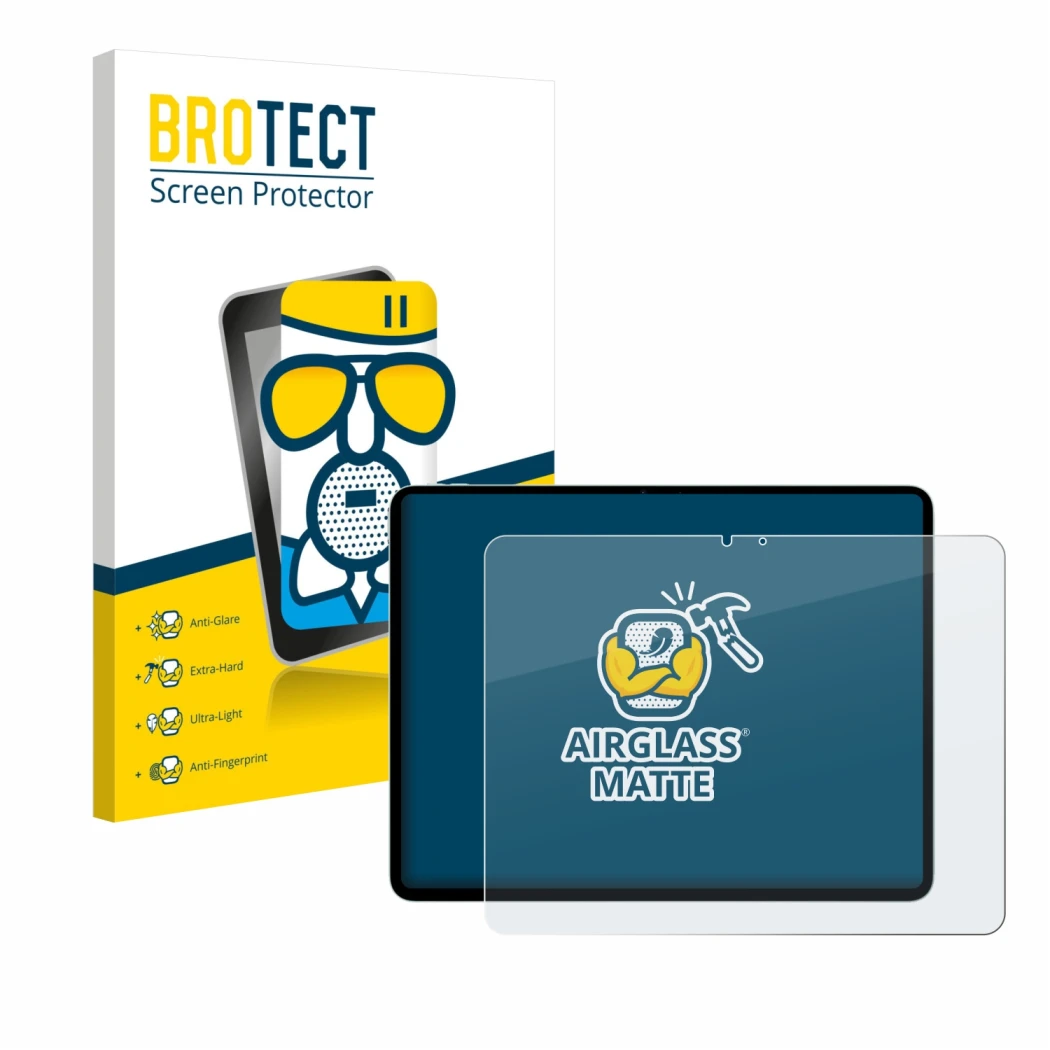 Parte frontale di una confezione del prodotto con il logo del marchio BROTECT. Accanto è raffigurato il dispositivo Apple iPad