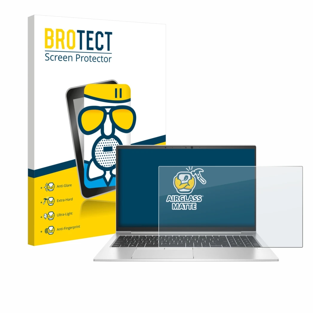 Parte frontale di una confezione del prodotto con il logo del marchio BROTECT. Accanto è raffigurato il dispositivo HP EliteBo