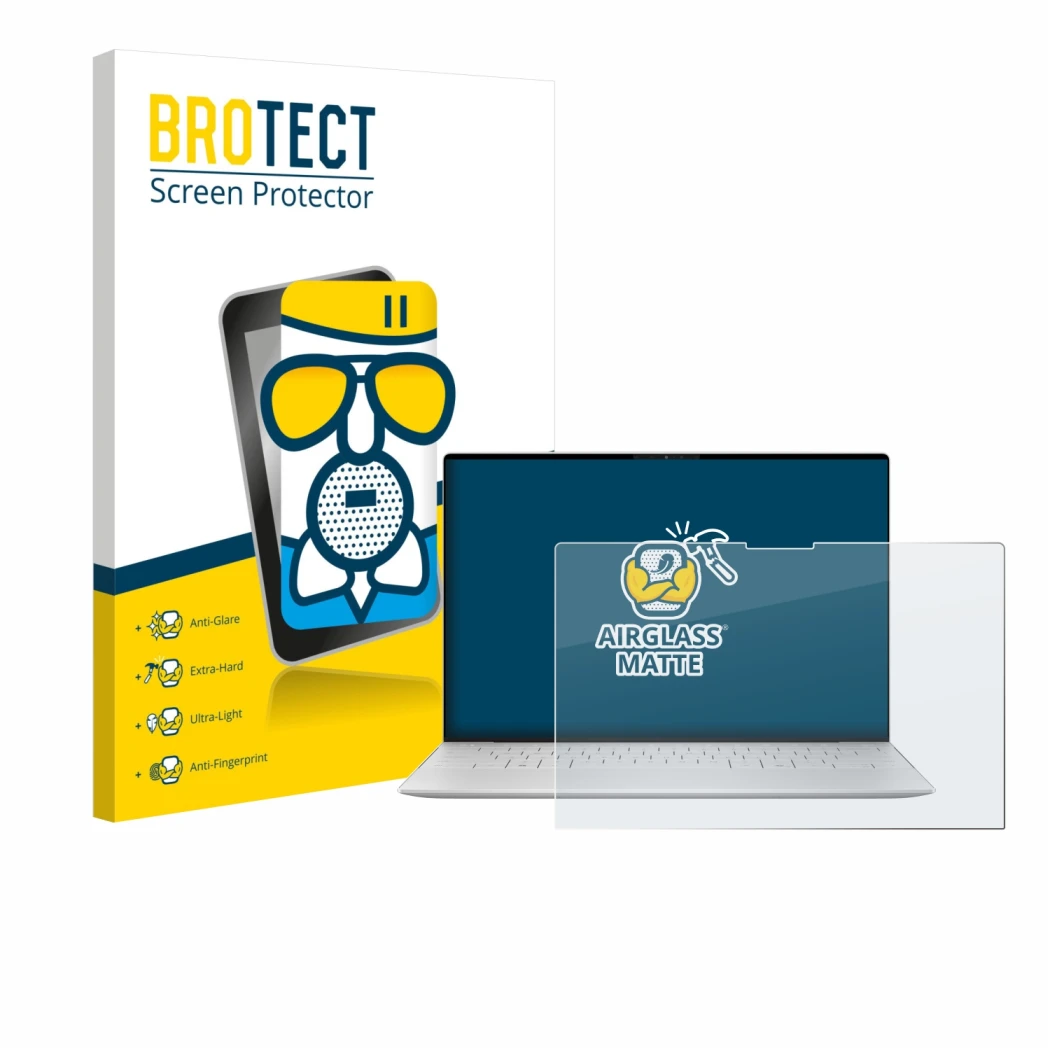 Parte frontale di una confezione del prodotto con il logo del marchio BROTECT. Accanto è raffigurato il dispositivo Dell XPS 1