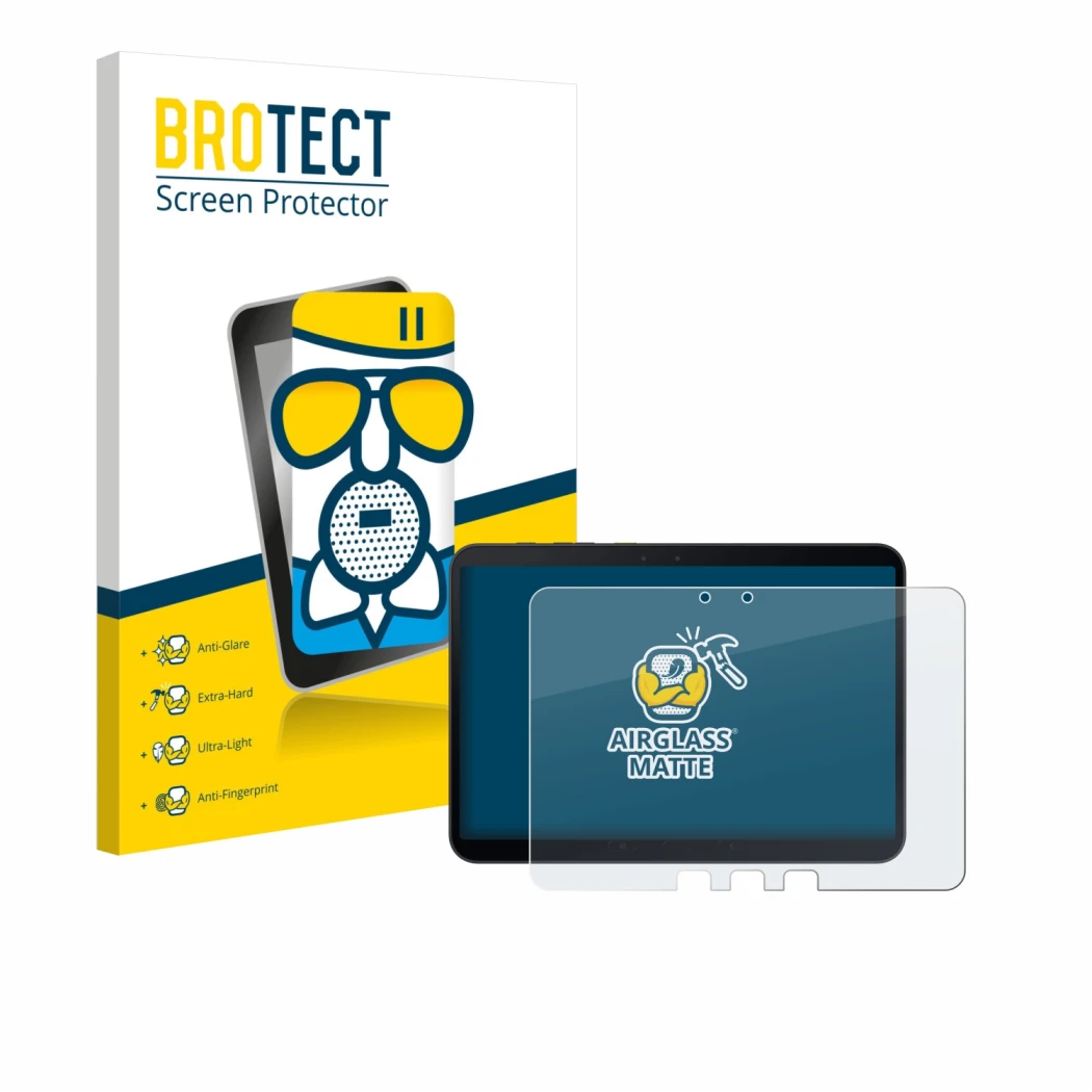 Parte frontale di una confezione del prodotto con il logo del marchio BROTECT. Accanto è raffigurato il dispositivo Samsung Ga