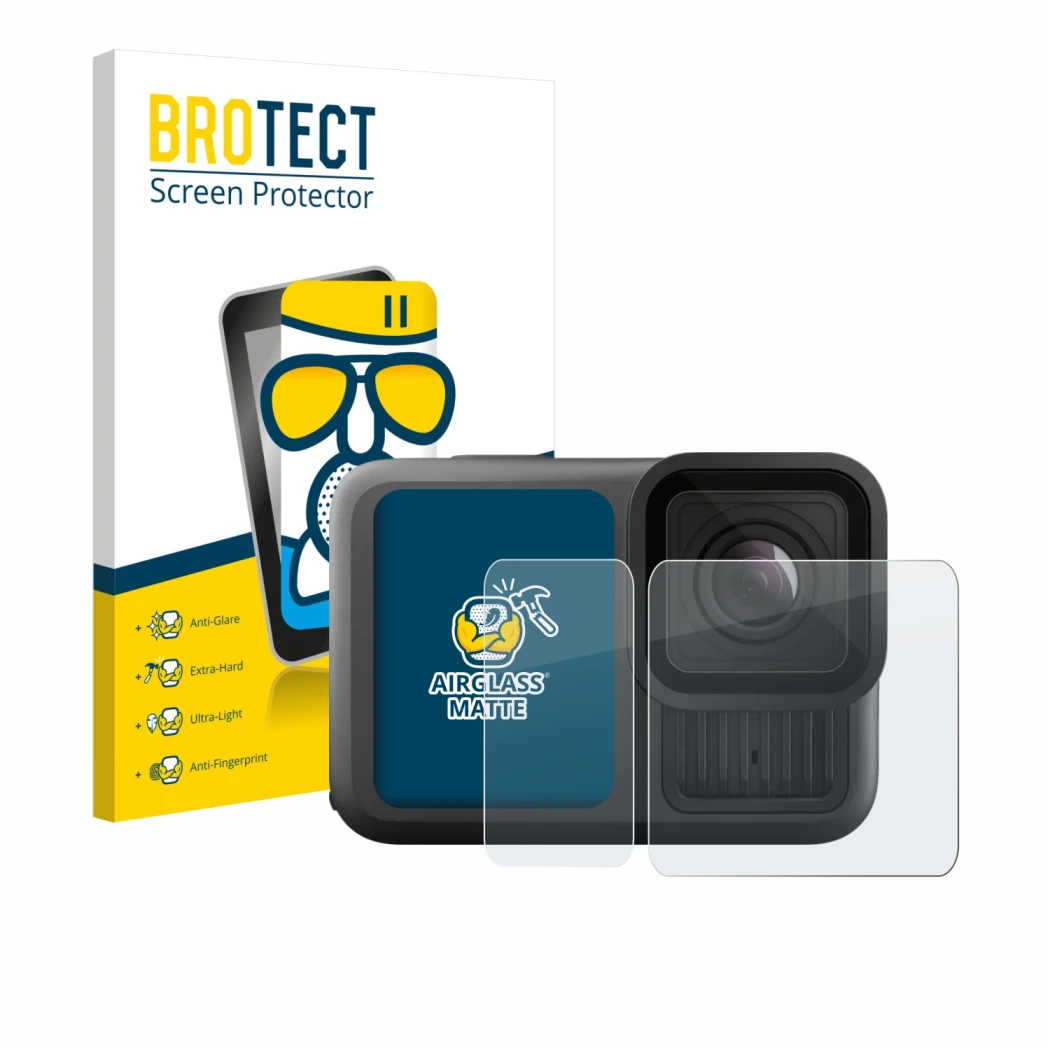 Parte frontale di una confezione del prodotto con il logo del marchio BROTECT. Accanto è raffigurato il dispositivo GoPro Hero