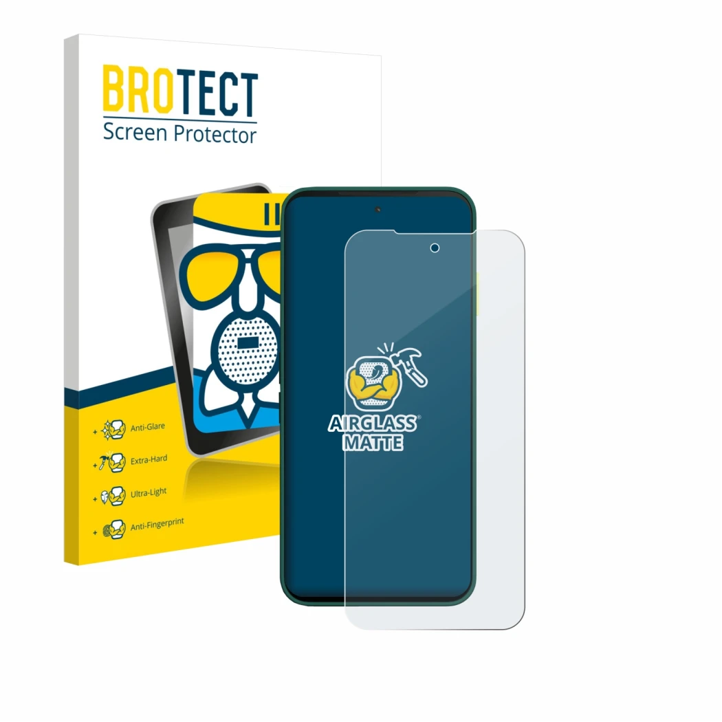 Parte frontale di una confezione del prodotto con il logo del marchio BROTECT. Accanto è raffigurato il dispositivo Fairphone