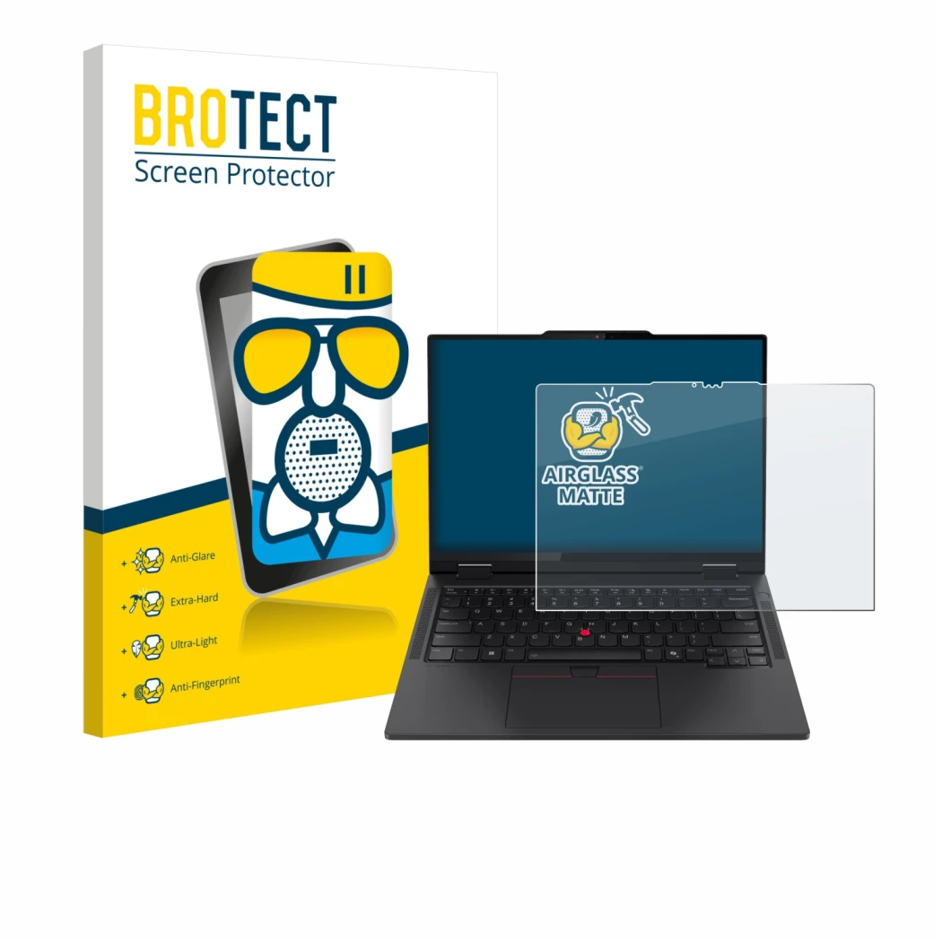 Parte frontale di una confezione del prodotto con il logo del marchio BROTECT. Accanto è raffigurato il dispositivo Lenovo Thi