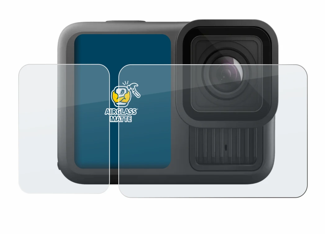 Immagine del dispositivo GoPro Hero 13 Black Creator Edition con un'ampia varietà di protezioni per lo schermo.