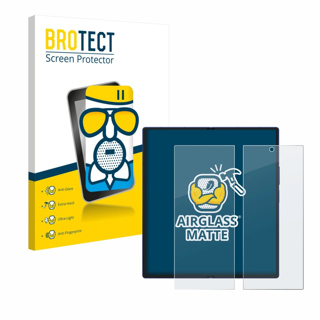 Parte frontale di una confezione del prodotto con il logo del marchio BROTECT. Accanto è raffigurato il dispositivo Samsung Ga