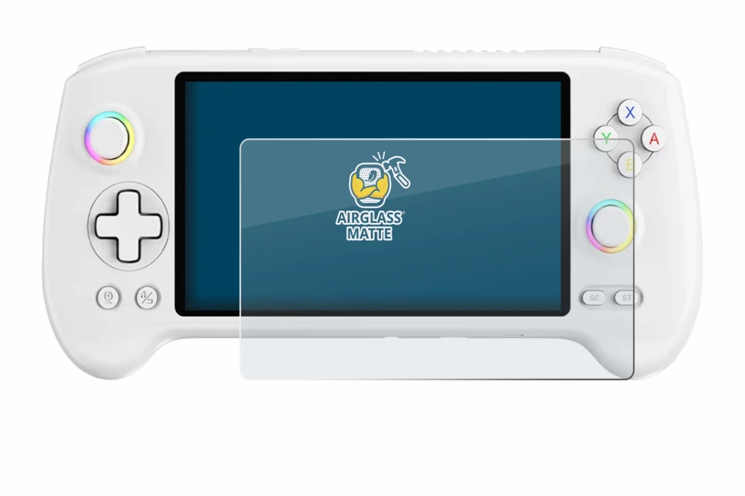 Immagine del dispositivo Anbernic RG557 con un'ampia varietà di protezioni per lo schermo.