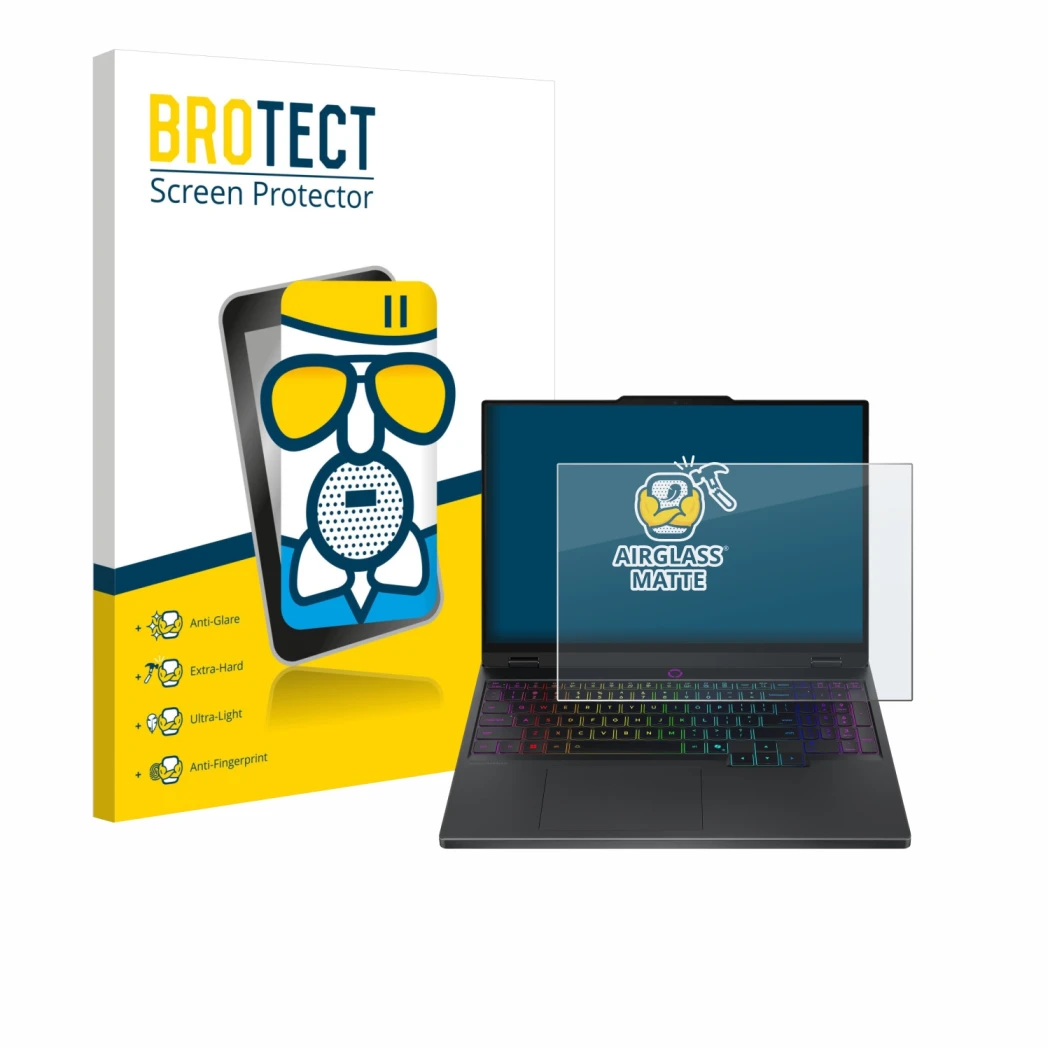 Parte frontale di una confezione del prodotto con il logo del marchio BROTECT. Accanto è raffigurato il dispositivo Lenovo Leg