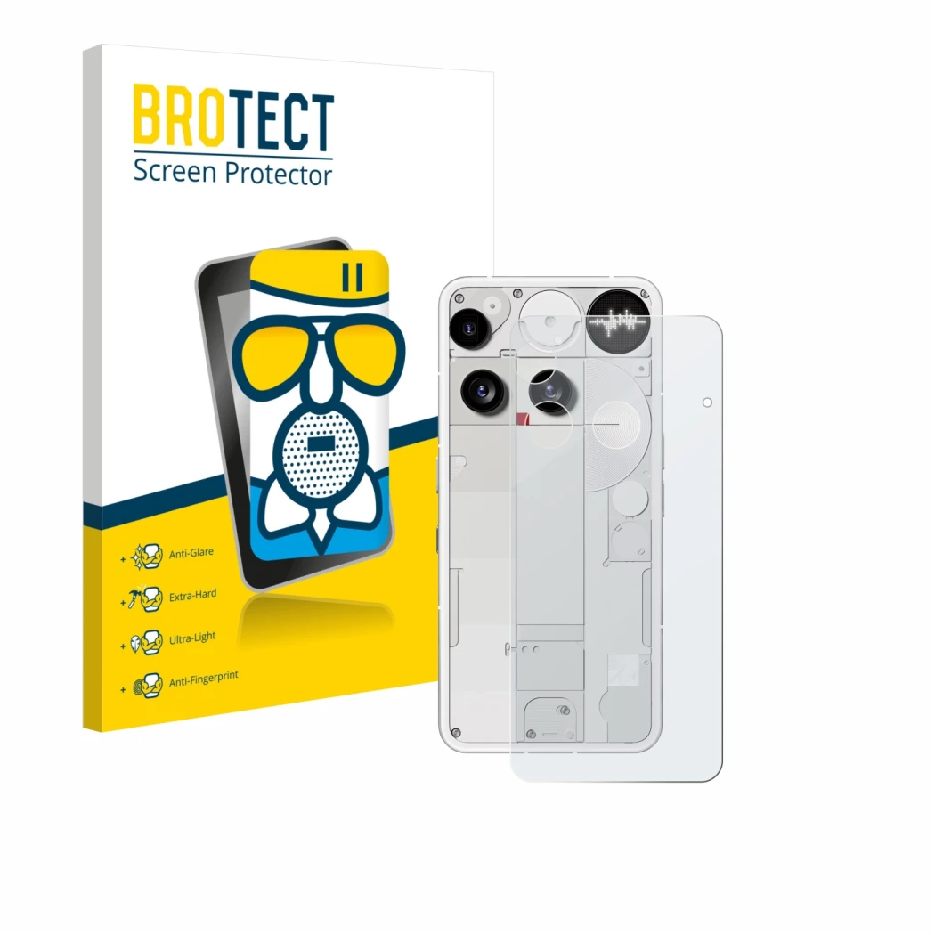 Parte frontale di una confezione del prodotto con il logo del marchio BROTECT. Accanto è raffigurato il dispositivo Nothing Ph