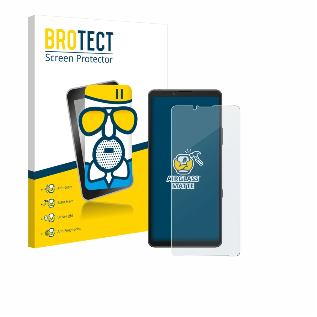 Parte frontale di una confezione del prodotto con il logo del marchio BROTECT. Accanto è raffigurato il dispositivo Sony Xperi