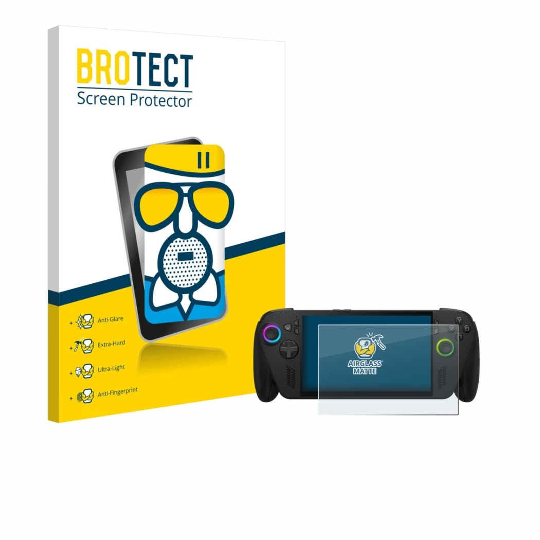 Parte frontale di una confezione del prodotto con il logo del marchio BROTECT. Accanto è raffigurato il dispositivo ASUS ROG A