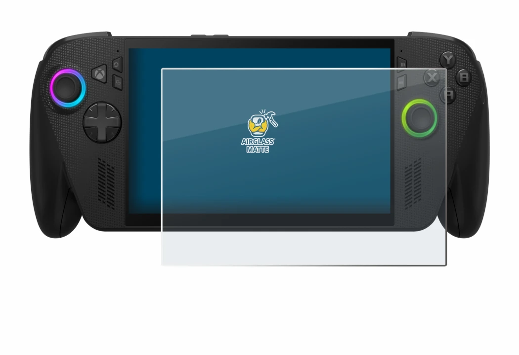 Immagine del dispositivo ASUS ROG Ally X 2025 con un'ampia varietà di protezioni per lo schermo.