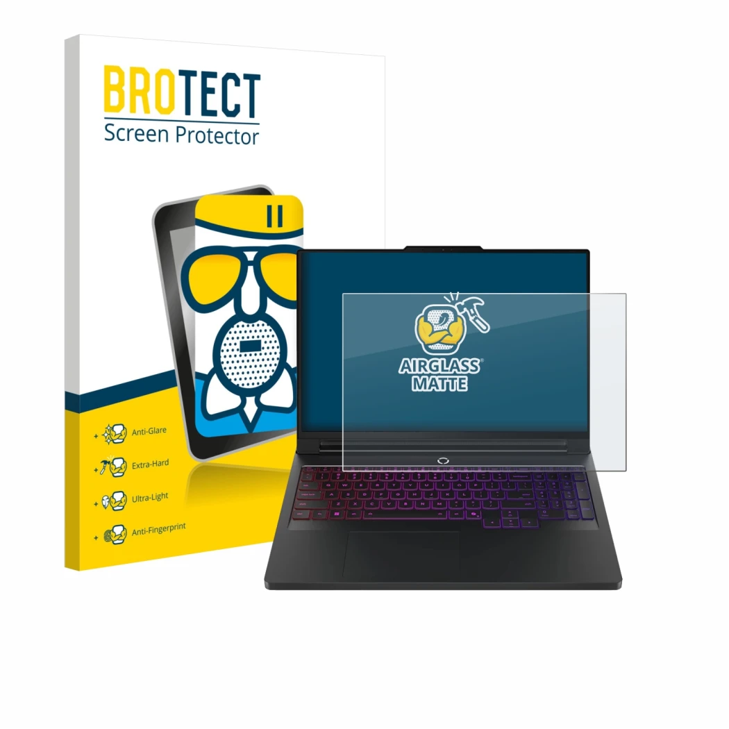 Parte frontale di una confezione del prodotto con il logo del marchio BROTECT. Accanto è raffigurato il dispositivo Lenovo Leg