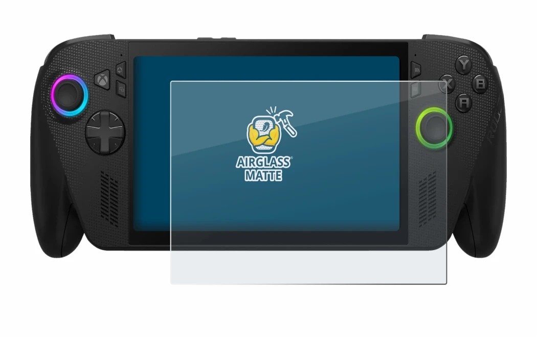 Immagine del dispositivo ASUS ROG Xbox Ally X con un'ampia varietà di protezioni per lo schermo.