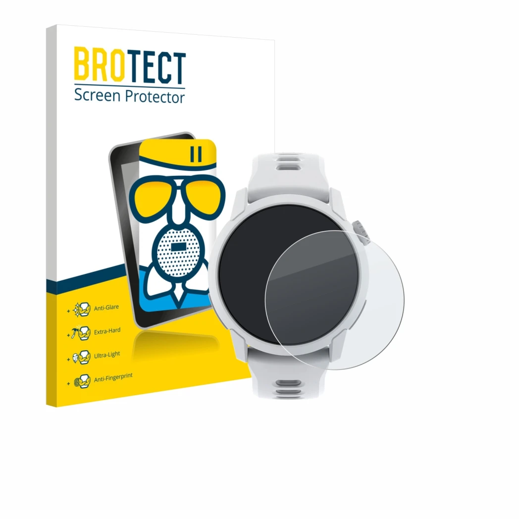 Parte frontale di una confezione del prodotto con il logo del marchio BROTECT. Accanto è raffigurato il dispositivo Coros Pace