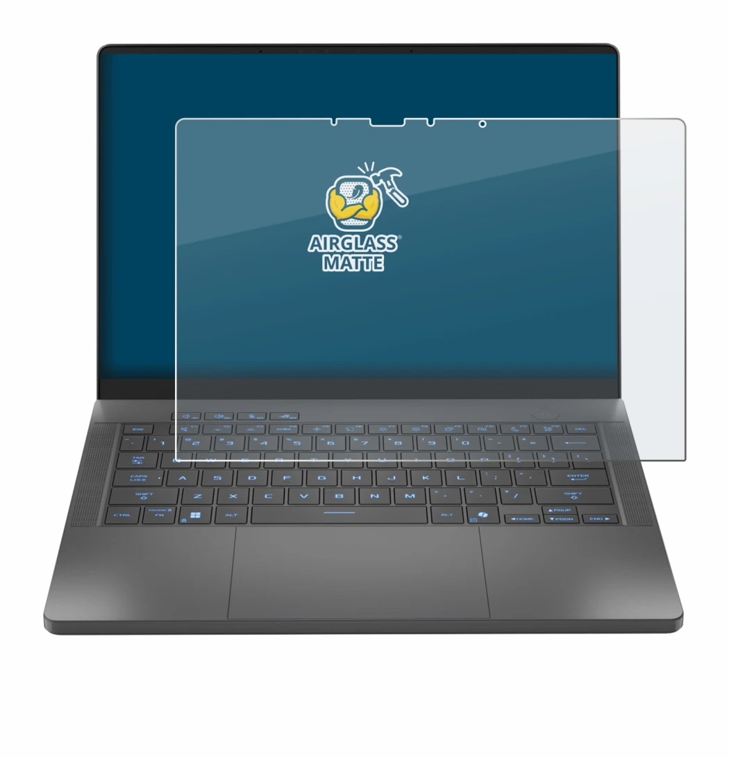 Immagine del dispositivo ASUS ROG Zephyrus G14 2025 GA403 con un'ampia varietà di protezioni per lo schermo.