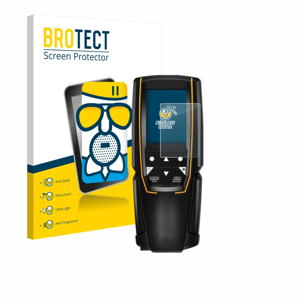 Parte frontale di una confezione del prodotto con il logo del marchio BROTECT. Accanto è raffigurato il dispositivo Testo 310 