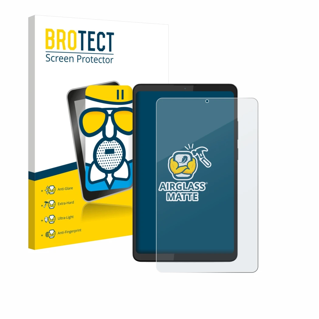 Parte frontale di una confezione del prodotto con il logo del marchio BROTECT. Accanto è raffigurato il dispositivo Lenovo Tab