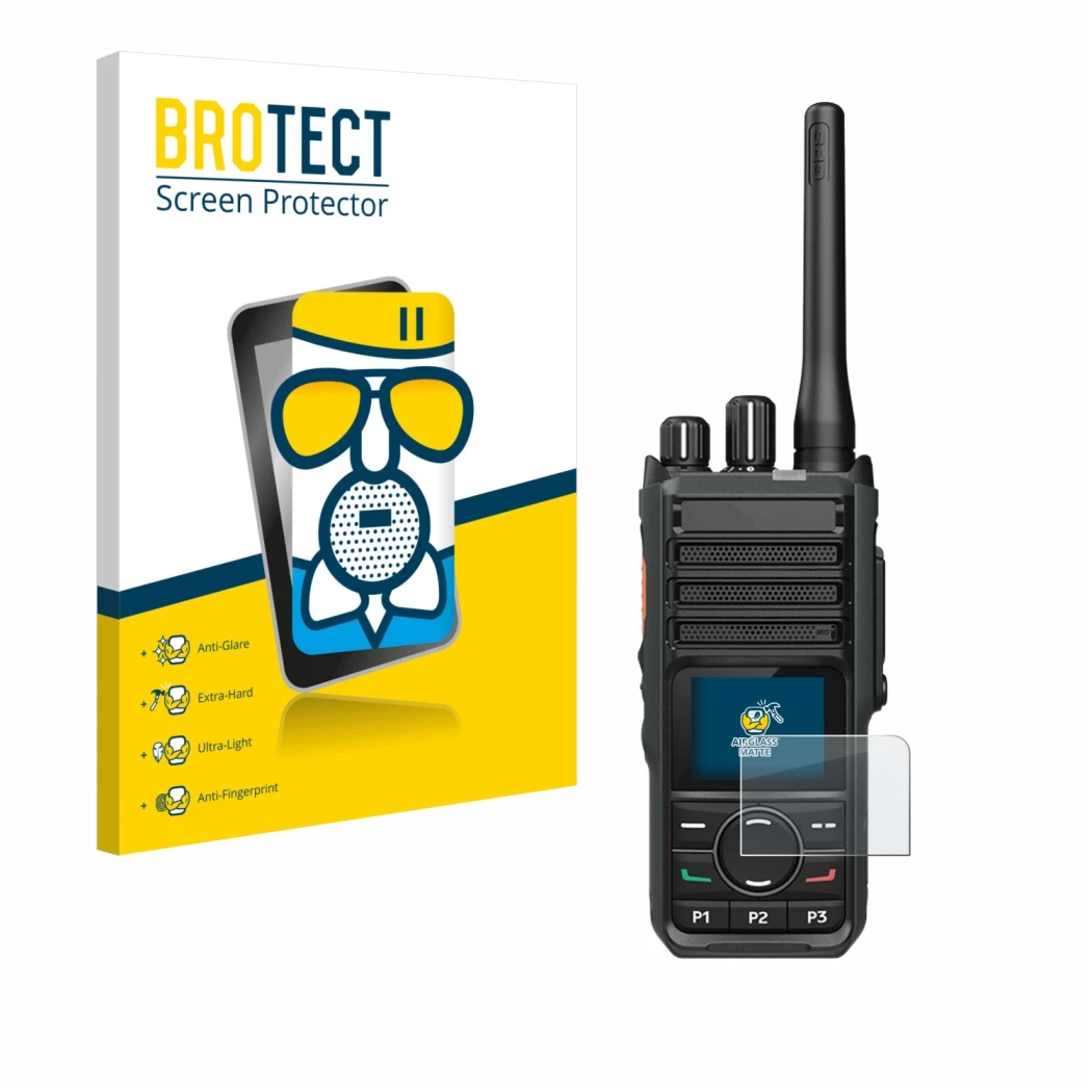 Parte frontale di una confezione del prodotto con il logo del marchio BROTECT. Accanto è raffigurato il dispositivo Hytera HP5