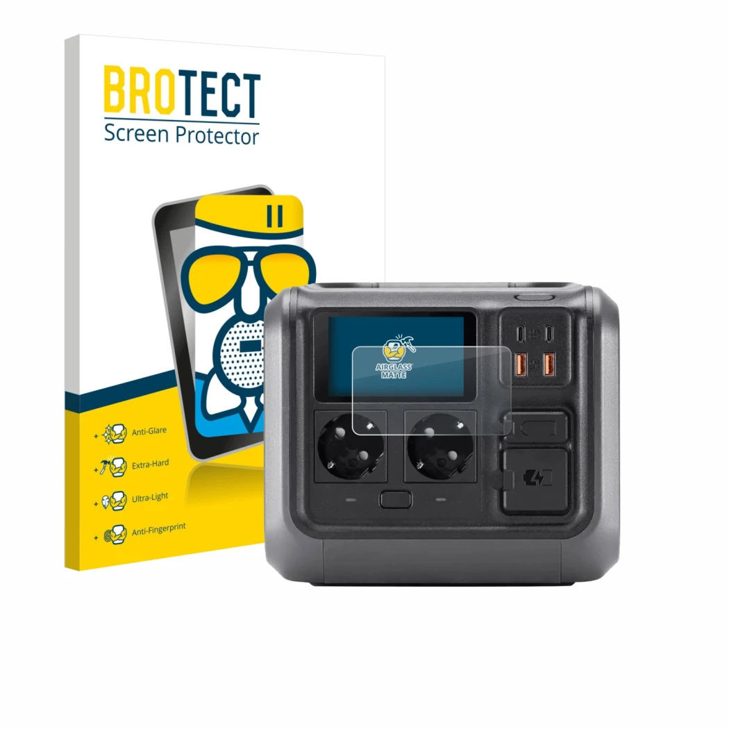 Parte frontale di una confezione del prodotto con il logo del marchio BROTECT. Accanto è raffigurato il dispositivo DJI Power 