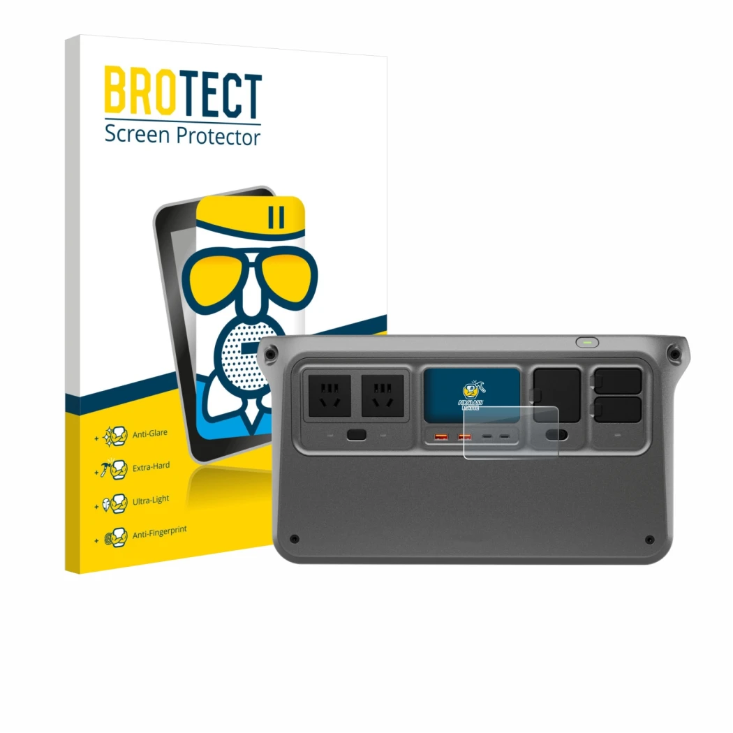 Parte frontale di una confezione del prodotto con il logo del marchio BROTECT. Accanto è raffigurato il dispositivo DJI Power 