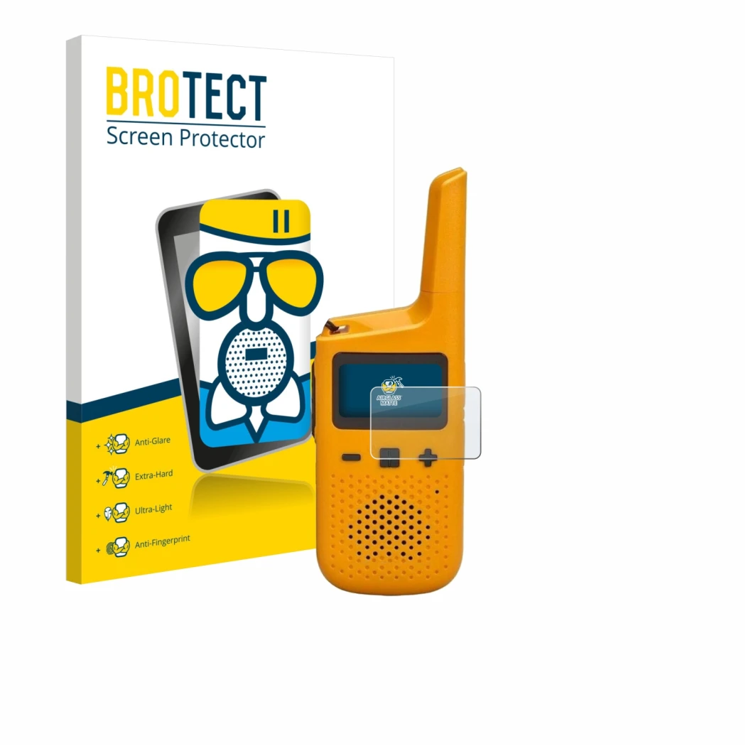 Parte frontale di una confezione del prodotto con il logo del marchio BROTECT. Accanto è raffigurato il dispositivo Motorola T