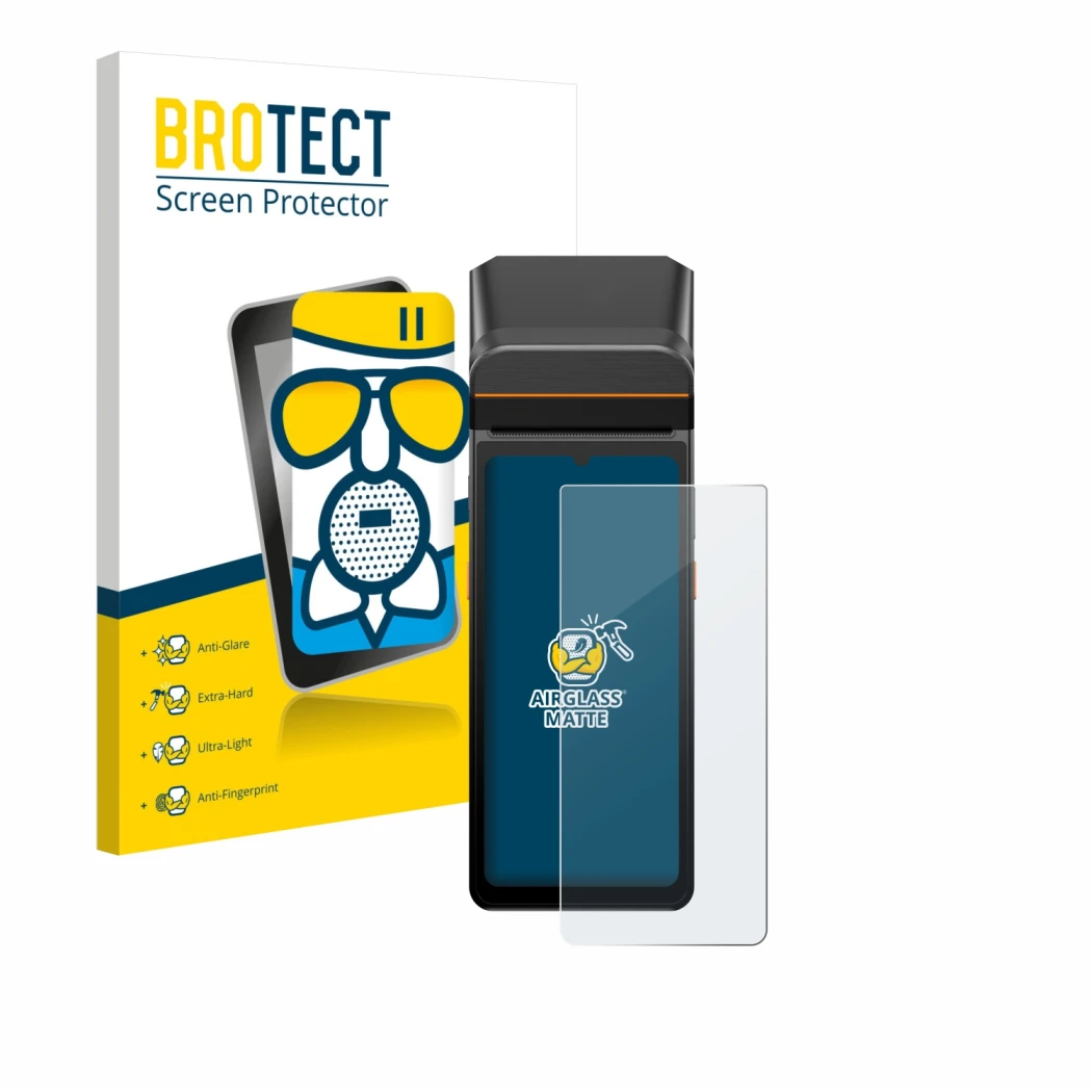 Parte frontale di una confezione del prodotto con il logo del marchio BROTECT. Accanto è raffigurato il dispositivo Sunmi V3 A