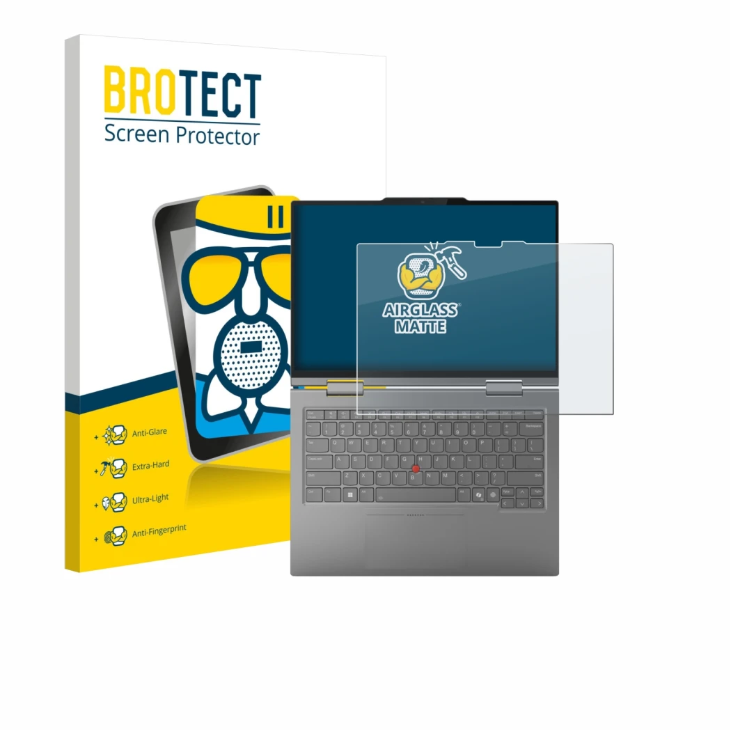 Parte frontale di una confezione del prodotto con il logo del marchio BROTECT. Accanto è raffigurato il dispositivo Lenovo Thi