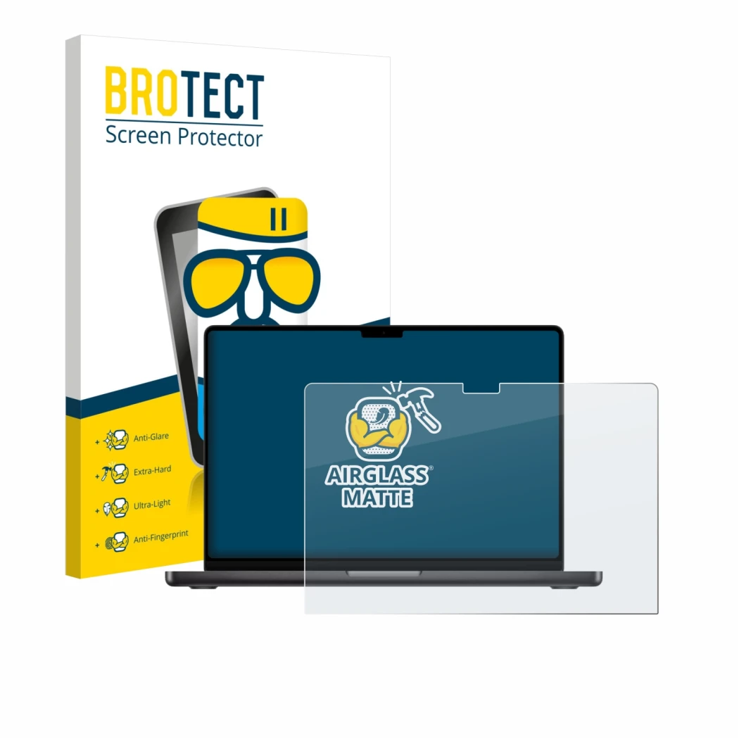 Parte frontale di una confezione del prodotto con il logo del marchio BROTECT. Accanto è raffigurato il dispositivo Apple MacB