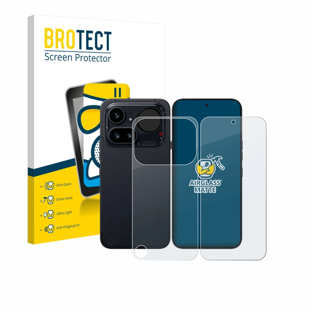 Parte frontale di una confezione del prodotto con il logo del marchio BROTECT. Accanto è raffigurato il dispositivo Nothing Ph