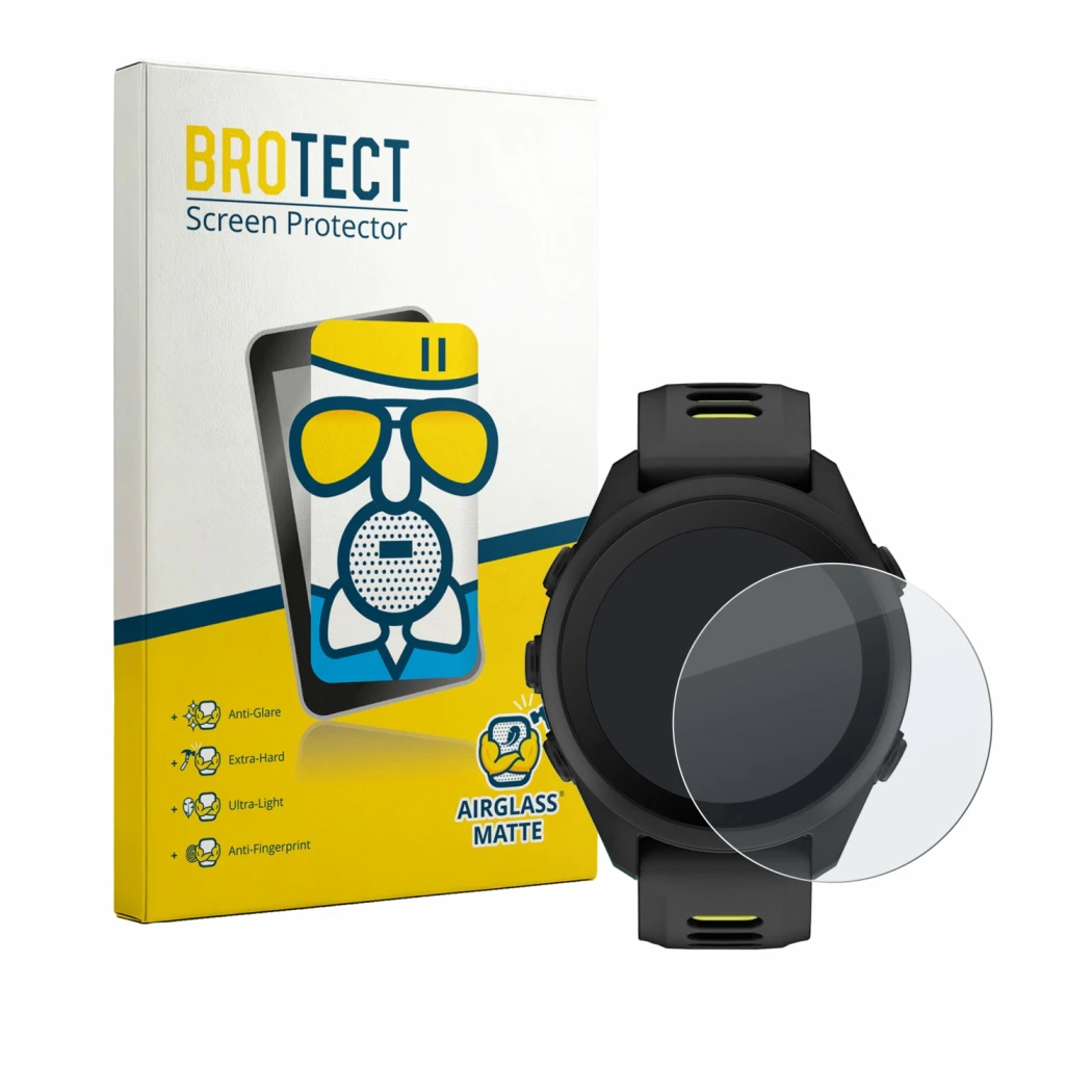 Parte frontale di una confezione del prodotto con il logo del marchio BROTECT. Accanto è raffigurato il dispositivo Garmin For