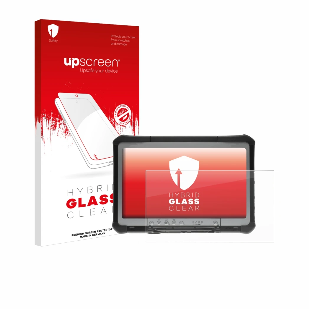 Parte frontale di una confezione del prodotto con il logo del marchio upscreen. Accanto è raffigurato il dispositivo Panasonic