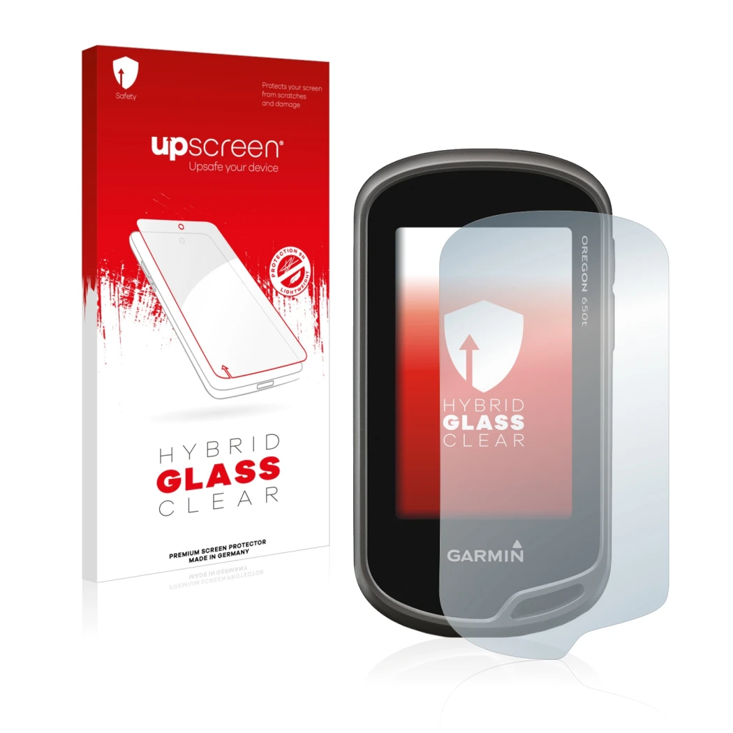 Parte frontale di una confezione del prodotto con il logo del marchio upscreen. Accanto è raffigurato il dispositivo Garmin Or