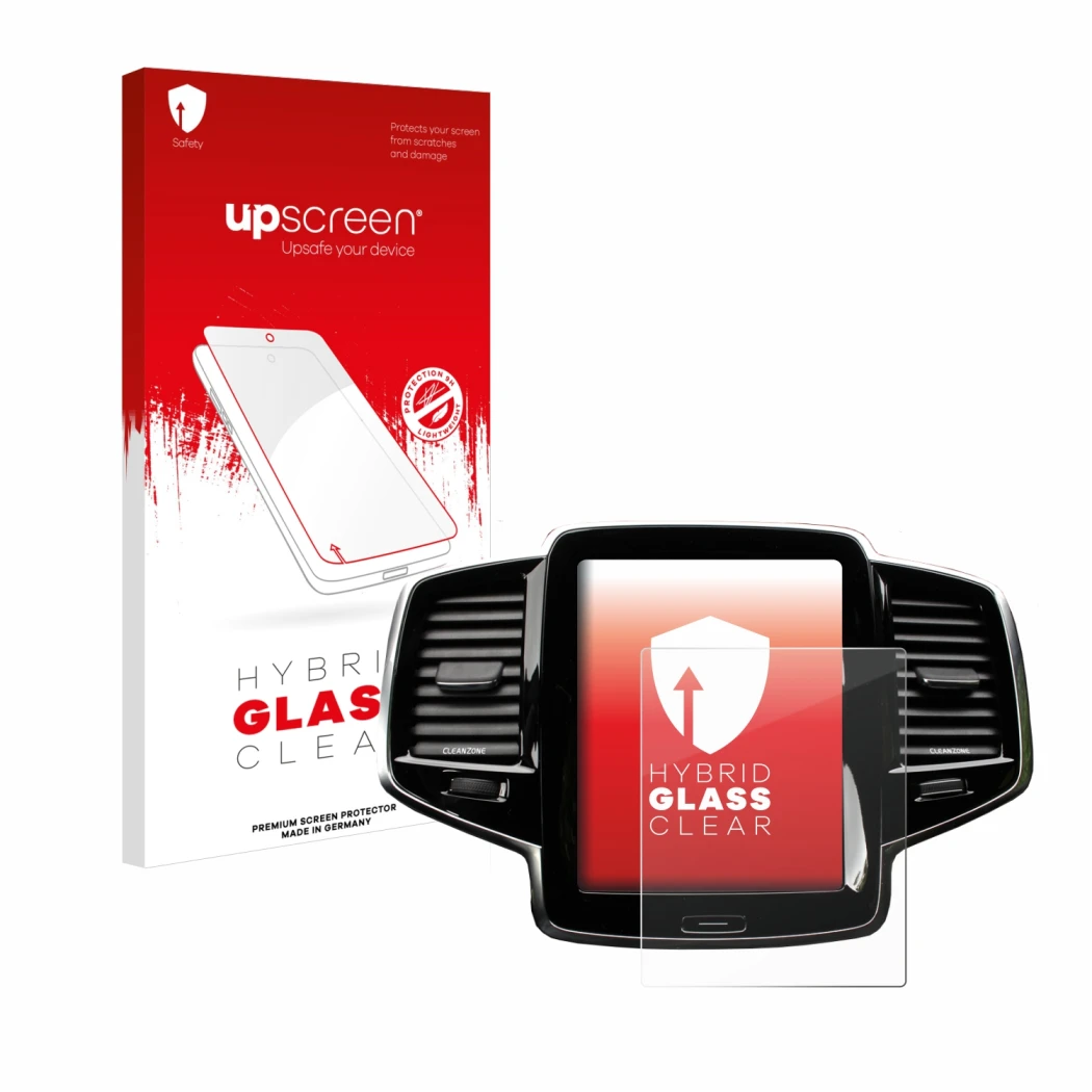 Parte frontale di una confezione del prodotto con il logo del marchio upscreen. Accanto è raffigurato il dispositivo Volvo XC9