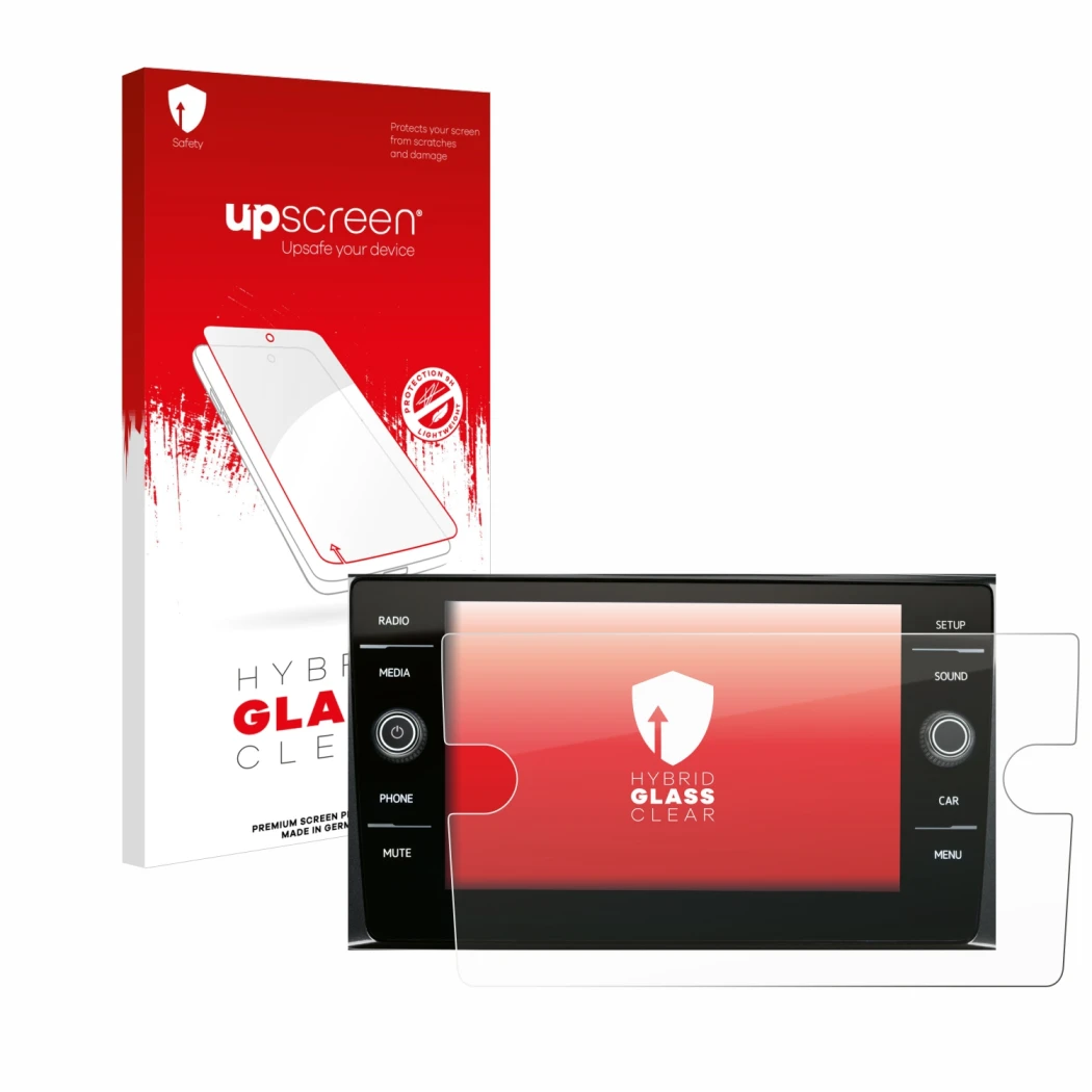 Parte frontale di una confezione del prodotto con il logo del marchio upscreen. Accanto è raffigurato il dispositivo Volkswage