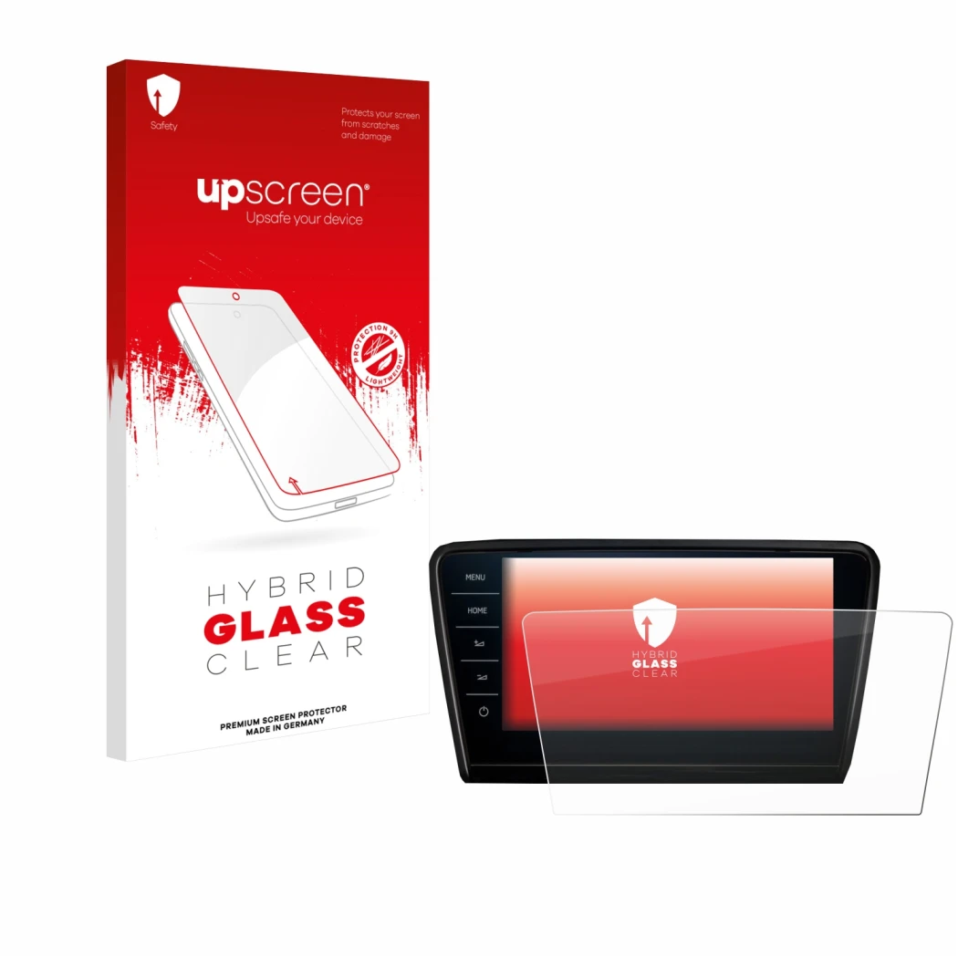 Parte frontale di una confezione del prodotto con il logo del marchio upscreen. Accanto è raffigurato il dispositivo Skoda Oct