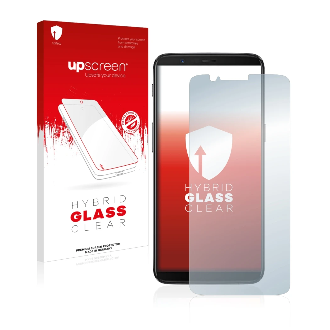 Parte frontale di una confezione del prodotto con il logo del marchio upscreen. Accanto è raffigurato il dispositivo OnePlus 5