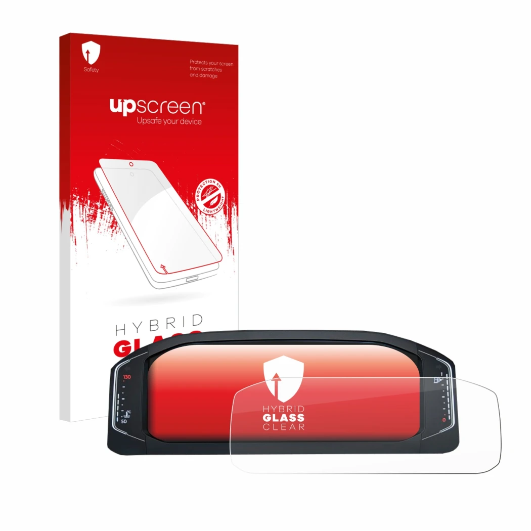 Parte frontale di una confezione del prodotto con il logo del marchio upscreen. Accanto è raffigurato il dispositivo Volkswage