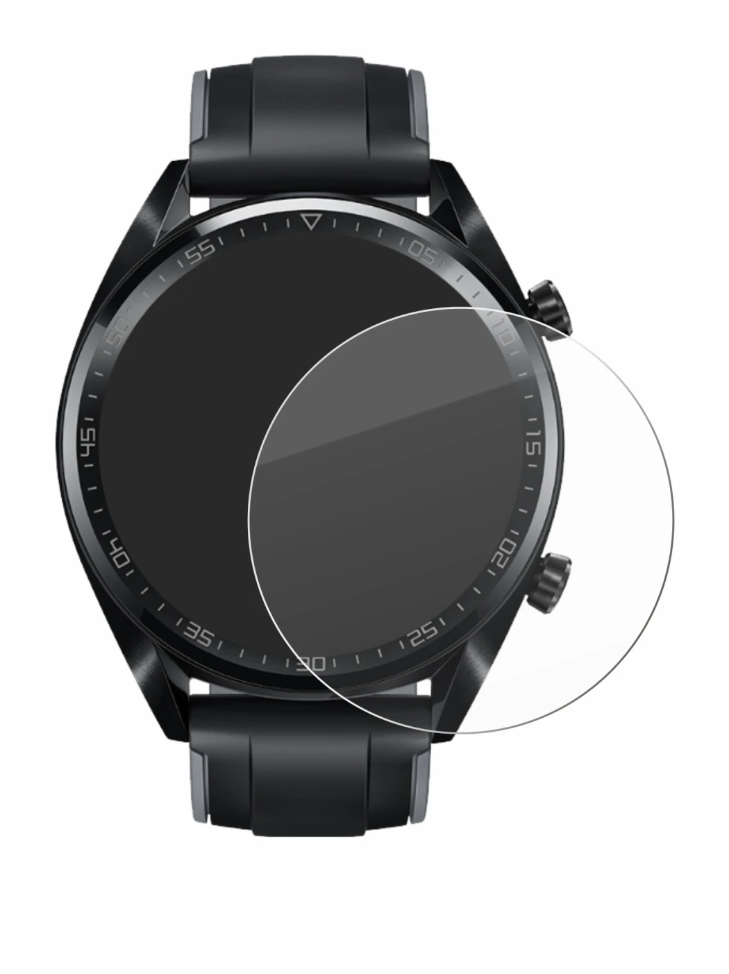 Immagine del dispositivo Huawei Watch GT (46 mm) 2018 con un'ampia varietà di protezioni per lo schermo.
