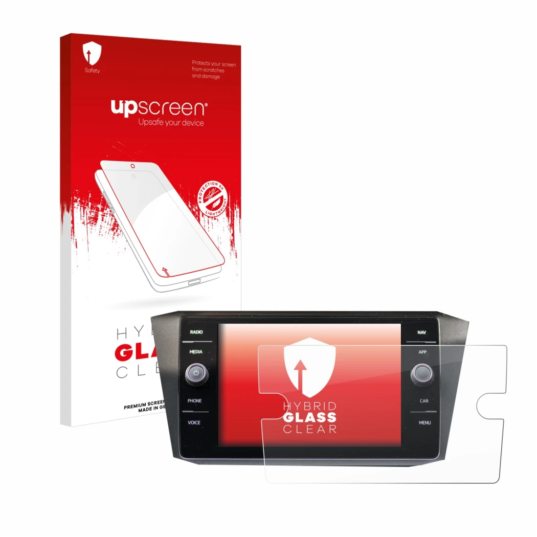 Parte frontale di una confezione del prodotto con il logo del marchio upscreen. Accanto è raffigurato il dispositivo Volkswage