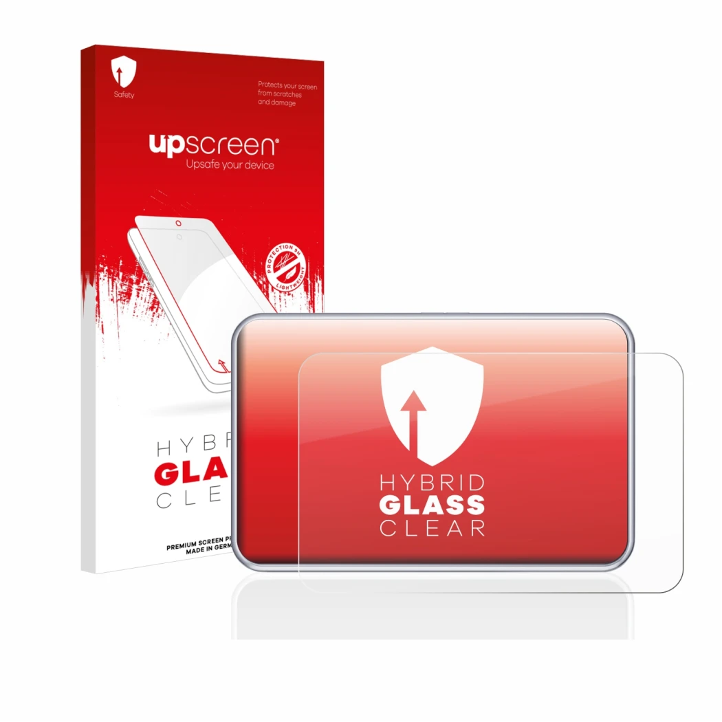 Parte frontale di una confezione del prodotto con il logo del marchio upscreen. Accanto è raffigurato il dispositivo Tandem di