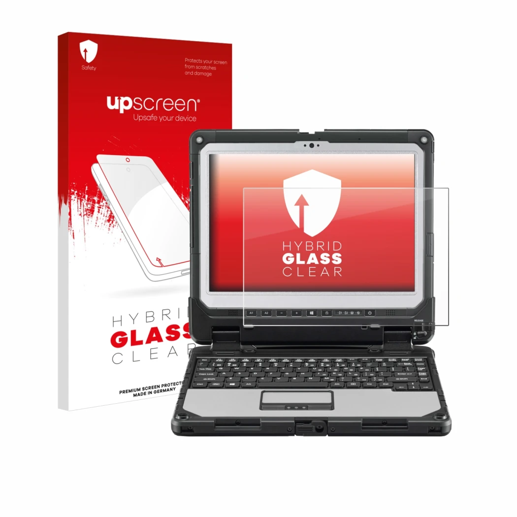 Parte frontale di una confezione del prodotto con il logo del marchio upscreen. Accanto è raffigurato il dispositivo Panasonic