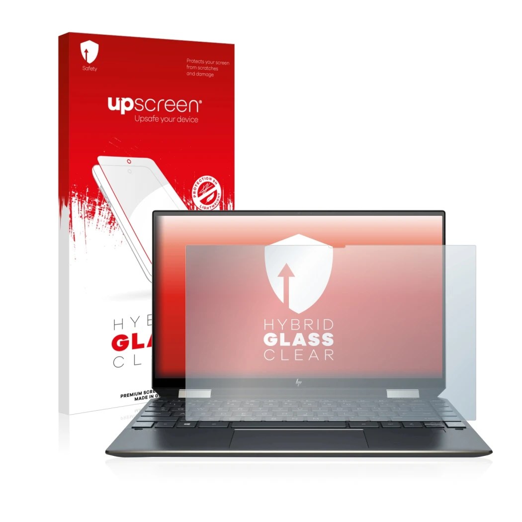 Parte frontale di una confezione del prodotto con il logo del marchio upscreen. Accanto è raffigurato il dispositivo HP Spectr