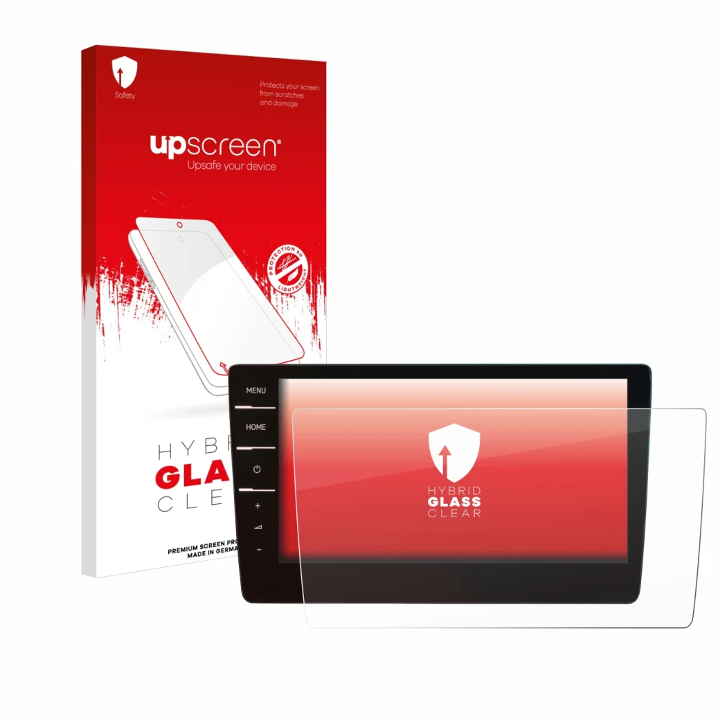 Parte frontale di una confezione del prodotto con il logo del marchio upscreen. Accanto è raffigurato il dispositivo Volkswage