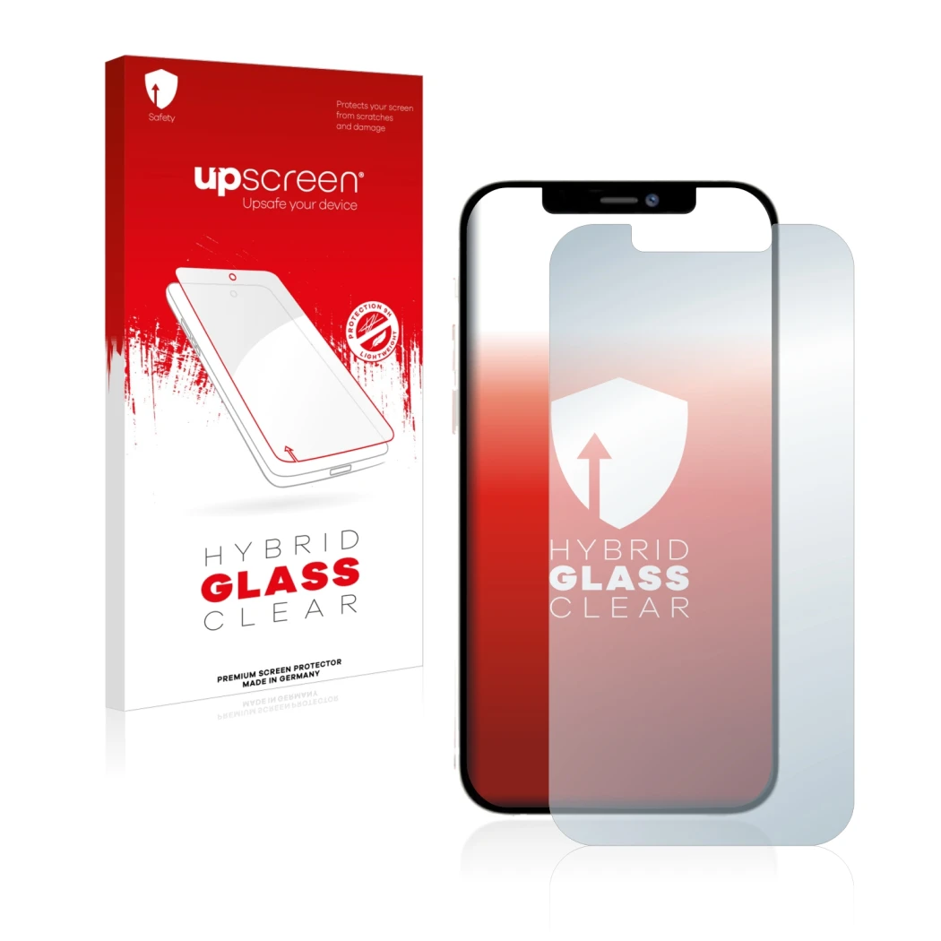 Parte frontale di una confezione del prodotto con il logo del marchio upscreen. Accanto è raffigurato il dispositivo Apple iPh