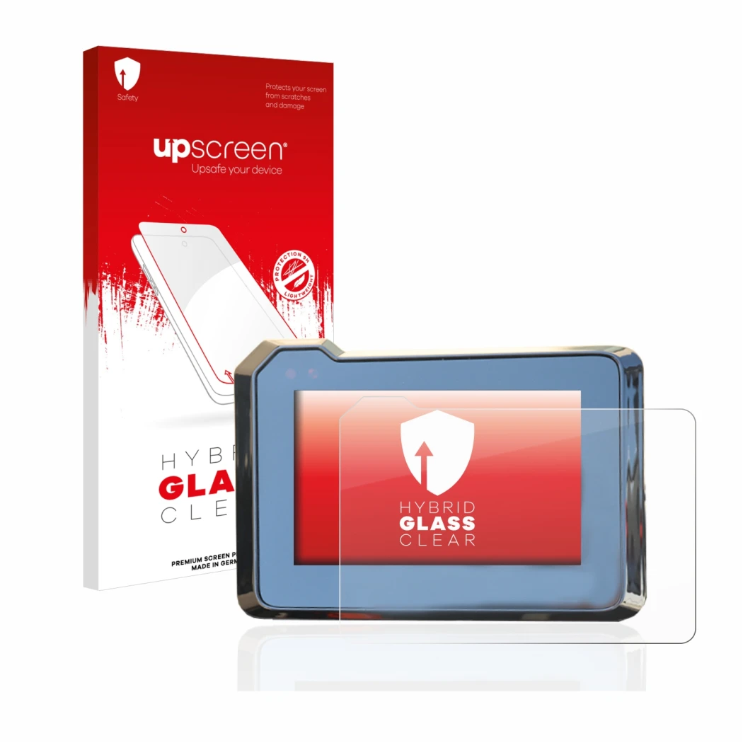 Parte frontale di una confezione del prodotto con il logo del marchio upscreen. Accanto è raffigurato il dispositivo KTM 1290