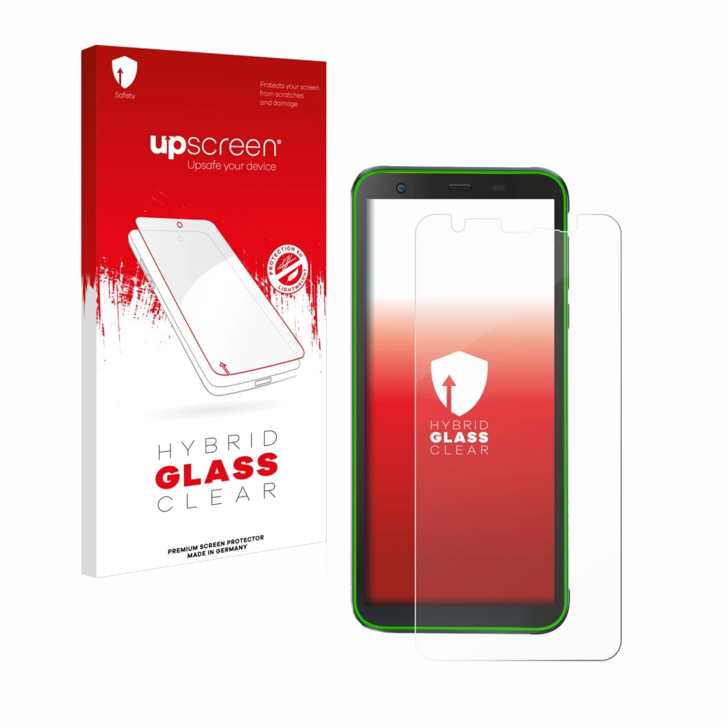 Parte frontale di una confezione del prodotto con il logo del marchio upscreen. Accanto è raffigurato il dispositivo Blackview