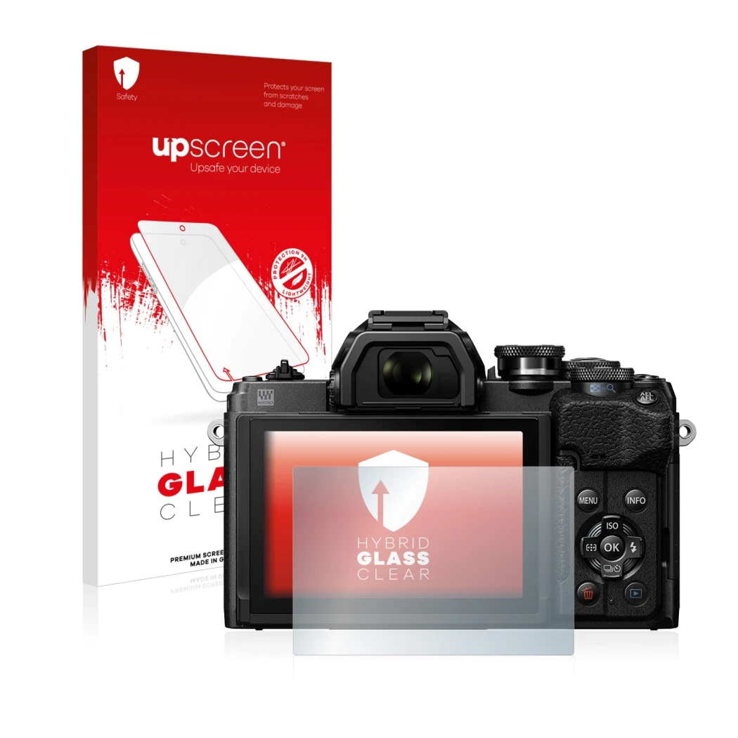 Parte frontale di una confezione del prodotto con il logo del marchio upscreen. Accanto è raffigurato il dispositivo Olympus O